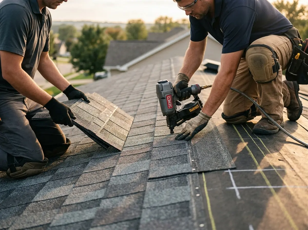 Professional roofer working on a residential roof in North Londonderry